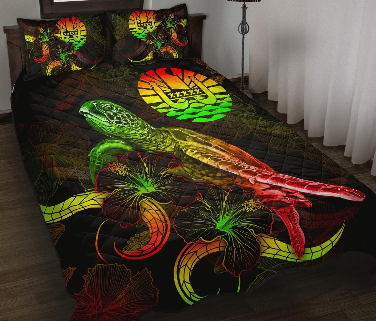 Tahiti Polynesian Quilt Bed Set - Turtle With Blooming Hibiscus Reggae