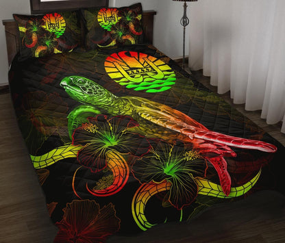 Tahiti Polynesian Quilt Bed Set - Turtle With Blooming Hibiscus Reggae