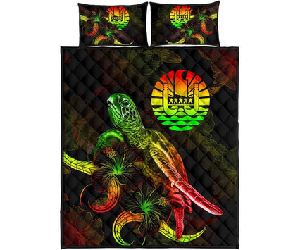 Tahiti Polynesian Quilt Bed Set - Turtle With Blooming Hibiscus Reggae