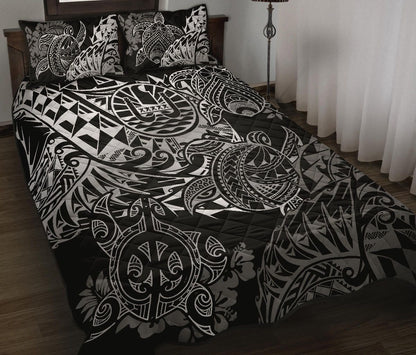 Tahiti Polynesian Quilt Bed Set - White Turtle Hibiscus Flowing