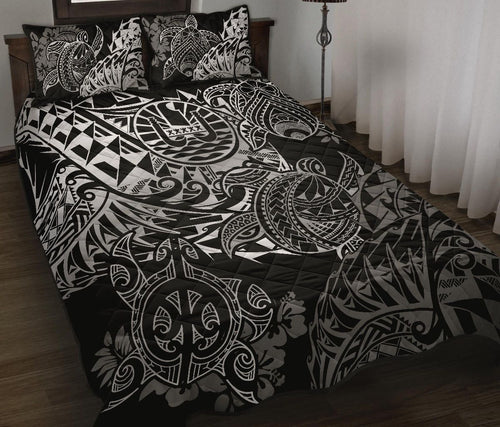 Tahiti Polynesian Quilt Bed Set - White Turtle Hibiscus Flowing