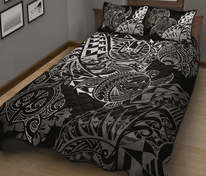 Tahiti Polynesian Quilt Bed Set - White Turtle Hibiscus Flowing