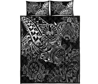 Tahiti Polynesian Quilt Bed Set - White Turtle Hibiscus Flowing
