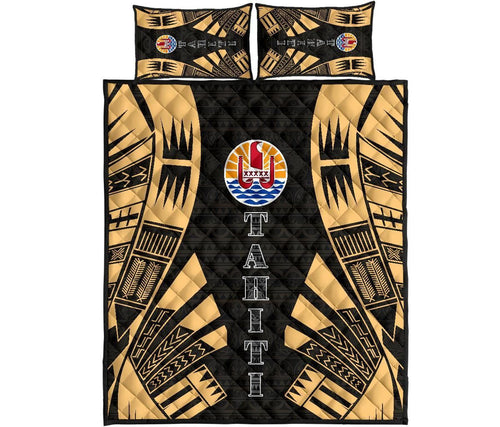 Tahiti Polynesian Quilt Bed Set - Tahiti Flag Yellow Tattoo Flag
