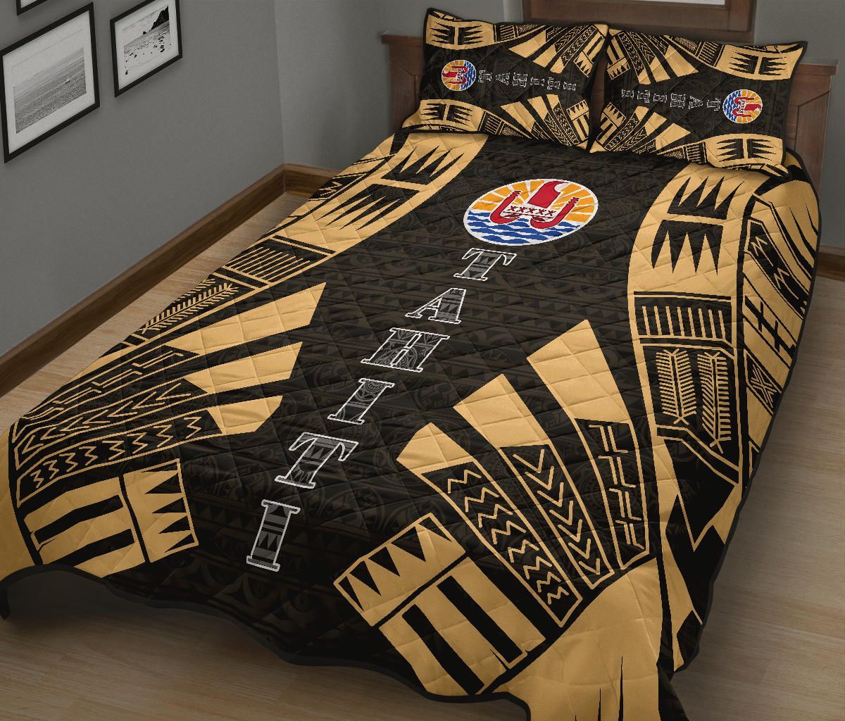 Tahiti Polynesian Quilt Bed Set - Tahiti Flag Yellow Tattoo Flag
