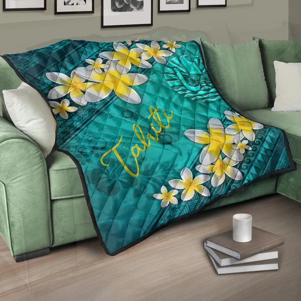 Tahiti Polynesian Quilt - Plumeria With Blue Ocean