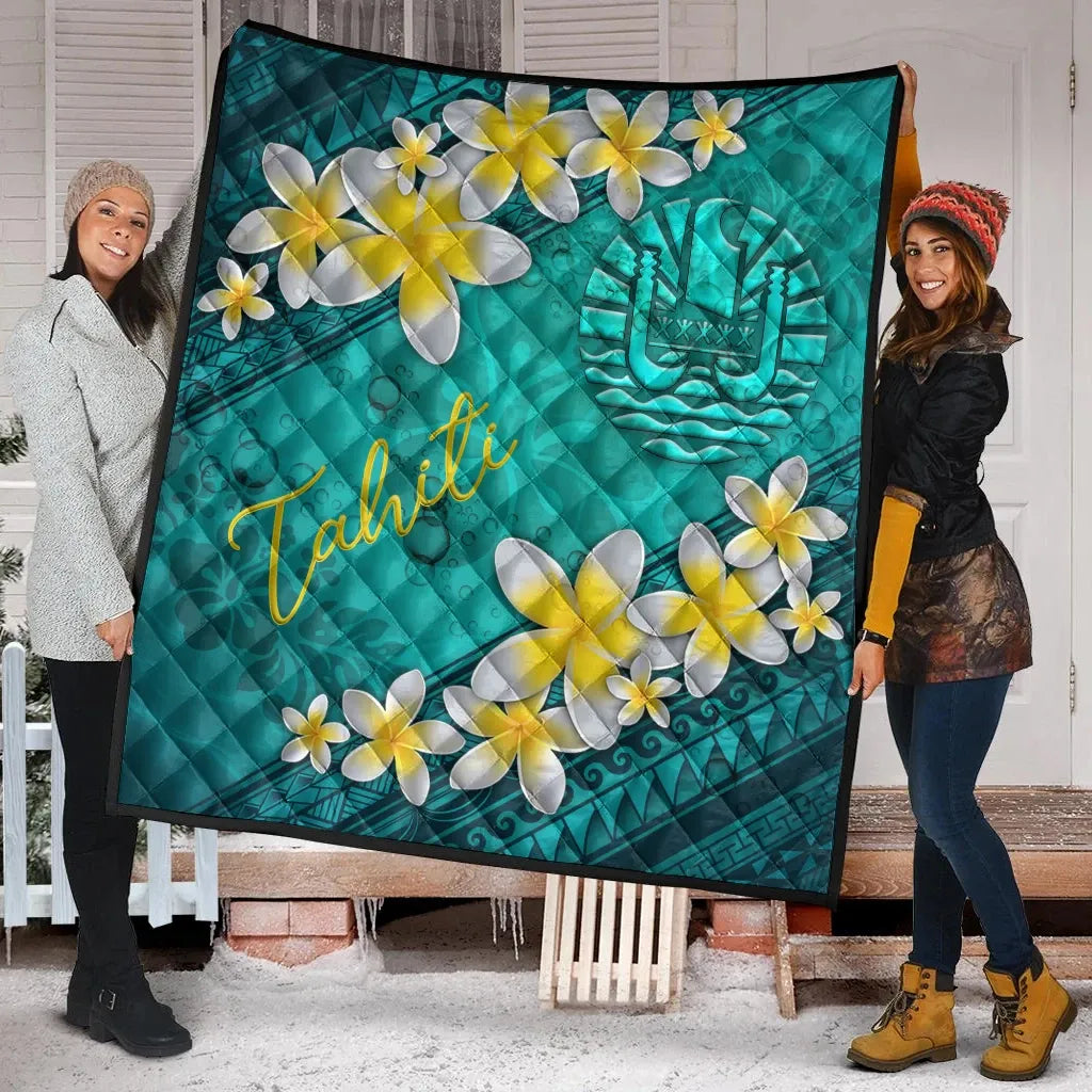Tahiti Polynesian Quilt - Plumeria With Blue Ocean