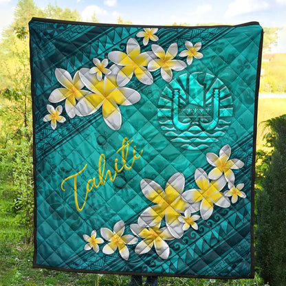 Tahiti Polynesian Quilt - Plumeria With Blue Ocean
