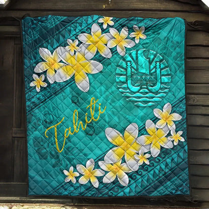 Tahiti Polynesian Quilt - Plumeria With Blue Ocean