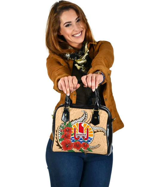 Tahiti Polynesian Shoulder Handbag - Hibiscus Coat Of Arm Beige
