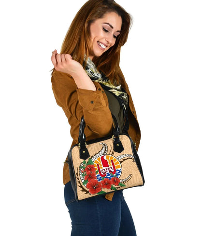 Tahiti Polynesian Shoulder Handbag - Hibiscus Coat Of Arm Beige