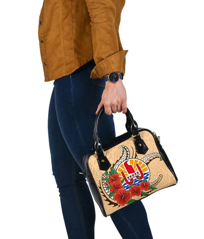Tahiti Polynesian Shoulder Handbag - Hibiscus Coat Of Arm Beige