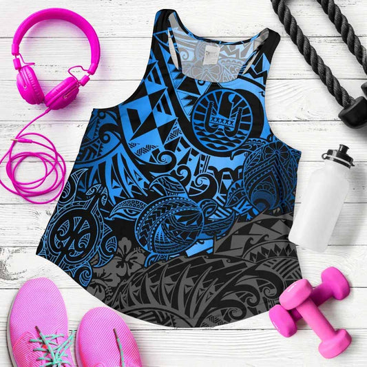 Tahiti Polynesian Women Racerback Tank - Blue Turtle Hibiscus Flowing