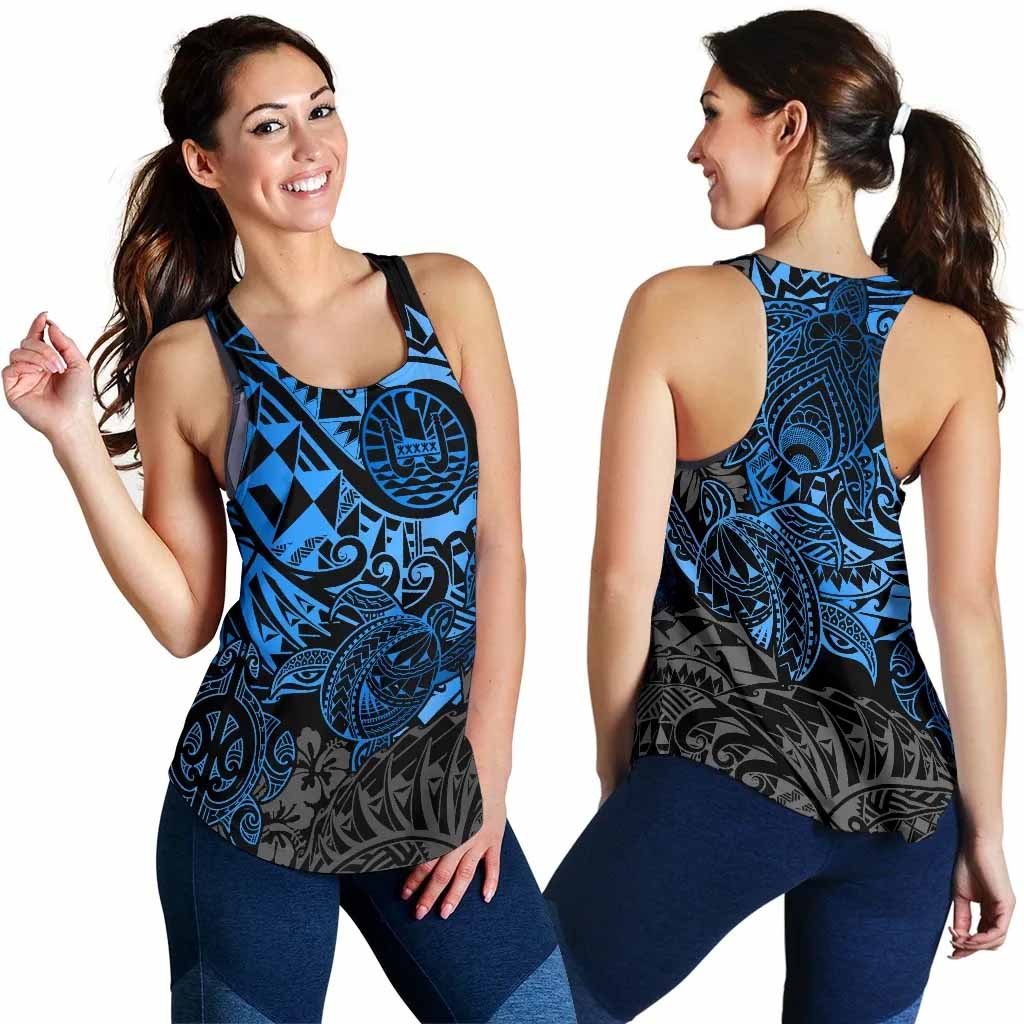 Tahiti Polynesian Women Racerback Tank - Blue Turtle Hibiscus Flowing