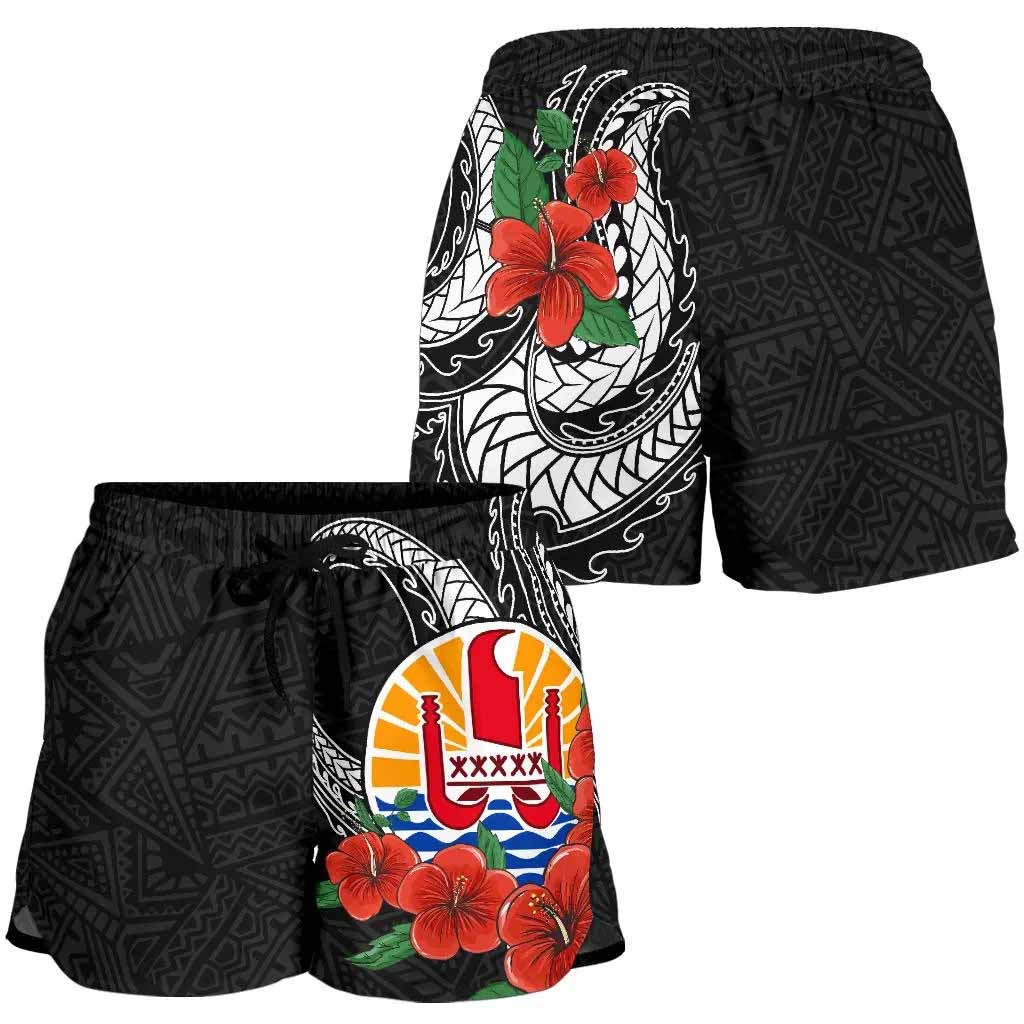 Tahiti Polynesian Women Shorts - Hibiscus Coat of Arm Black