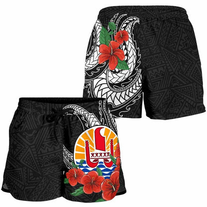 Tahiti Polynesian Women Shorts - Hibiscus Coat of Arm Black
