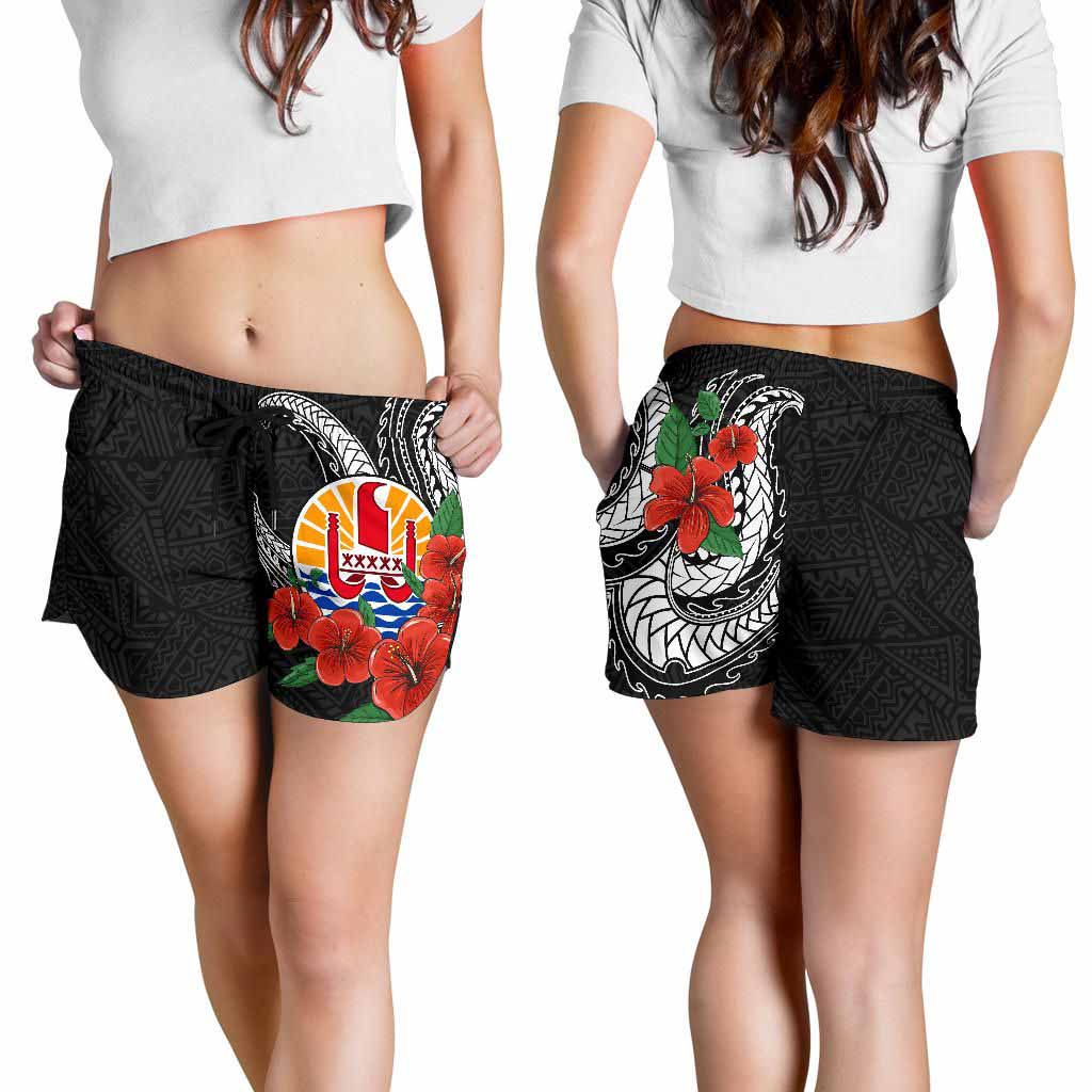 Tahiti Polynesian Women Shorts - Hibiscus Coat of Arm Black