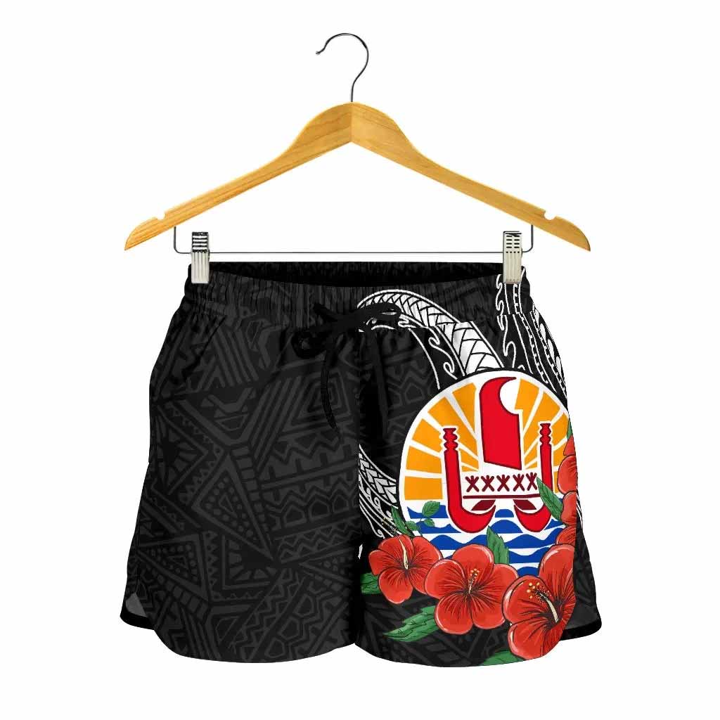 Tahiti Polynesian Women Shorts - Hibiscus Coat of Arm Black