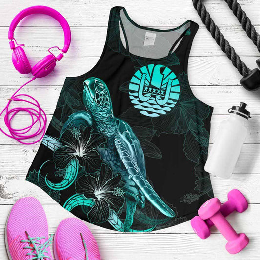 Tahiti Polynesian Women Tank Top - Turtle With Blooming Hibiscus Turquoise