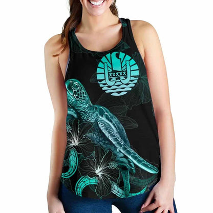 Tahiti Polynesian Women Tank Top - Turtle With Blooming Hibiscus Turquoise