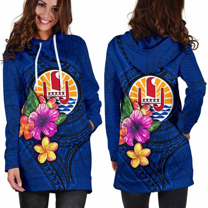 Tahiti Polynesian Female Hoodie Dress - Floral With Seal Blue