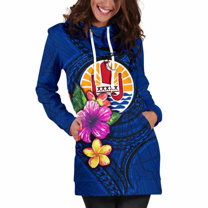 Tahiti Polynesian Female Hoodie Dress - Floral With Seal Blue