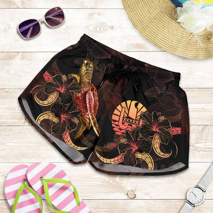Tahiti Polynesian Women Shorts - Turtle With Blooming Hibiscus Gold