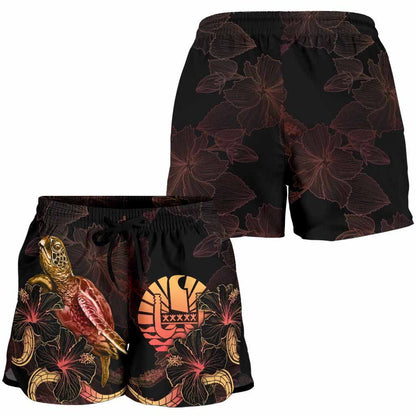 Tahiti Polynesian Women Shorts - Turtle With Blooming Hibiscus Gold