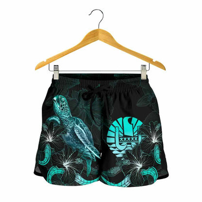 Tahiti Polynesian Women Shorts - Turtle With Blooming Hibiscus Turquoise