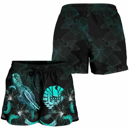 Tahiti Polynesian Women Shorts - Turtle With Blooming Hibiscus Turquoise