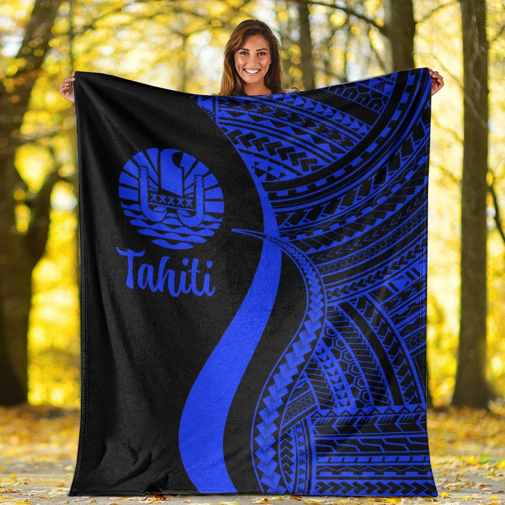 Tahiti Premium Blanket - Blue Polynesian Tentacle Tribal Pattern