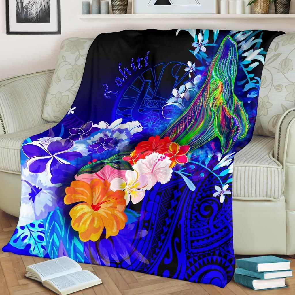 Tahiti Premium Blanket- Humpback Whale with Tropical Flowers (Blue)