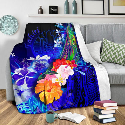 Tahiti Premium Blanket- Humpback Whale with Tropical Flowers (Blue)