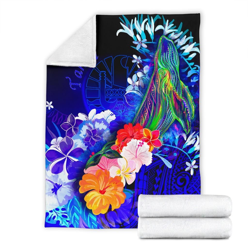 Tahiti Premium Blanket- Humpback Whale with Tropical Flowers (Blue)