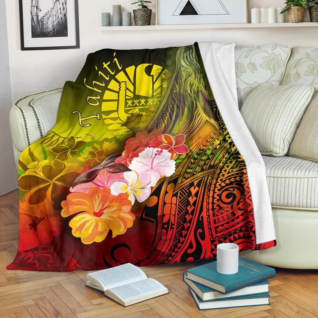 Tahiti Premium Blanket - Humpback Whale with Tropical Flowers (Yellow)