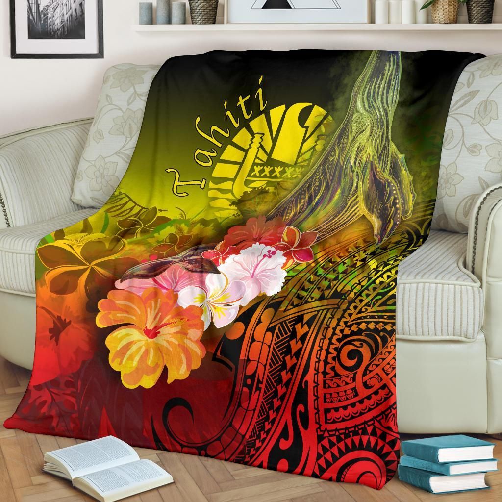 Tahiti Premium Blanket - Humpback Whale with Tropical Flowers (Yellow)