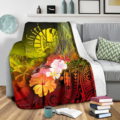 Tahiti Premium Blanket - Humpback Whale with Tropical Flowers (Yellow)