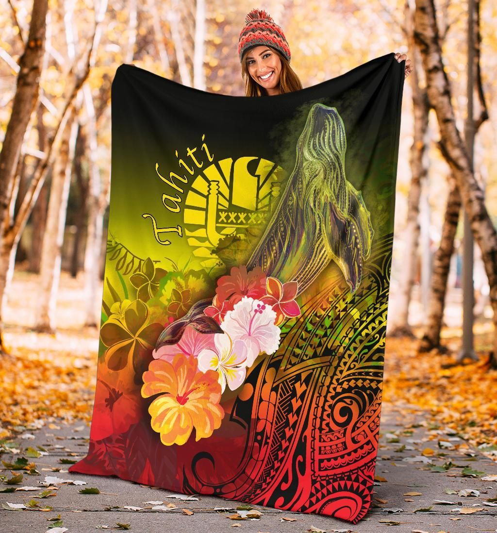 Tahiti Premium Blanket - Humpback Whale with Tropical Flowers (Yellow)