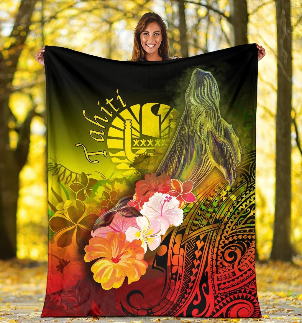 Tahiti Premium Blanket - Humpback Whale with Tropical Flowers (Yellow)