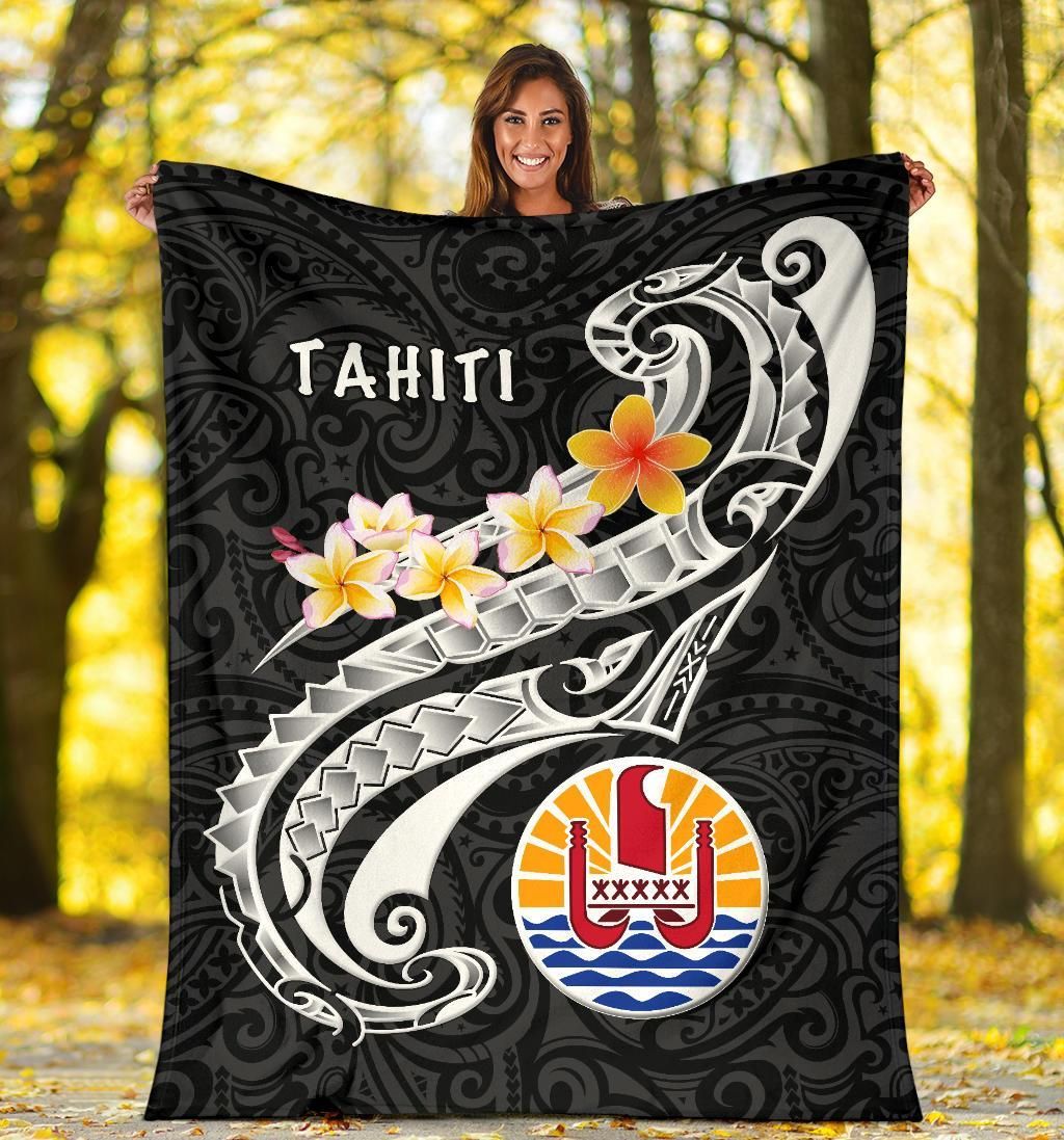 Tahiti Premium Blanket - Tahiti Seal Polynesian Patterns Plumeria (Black)