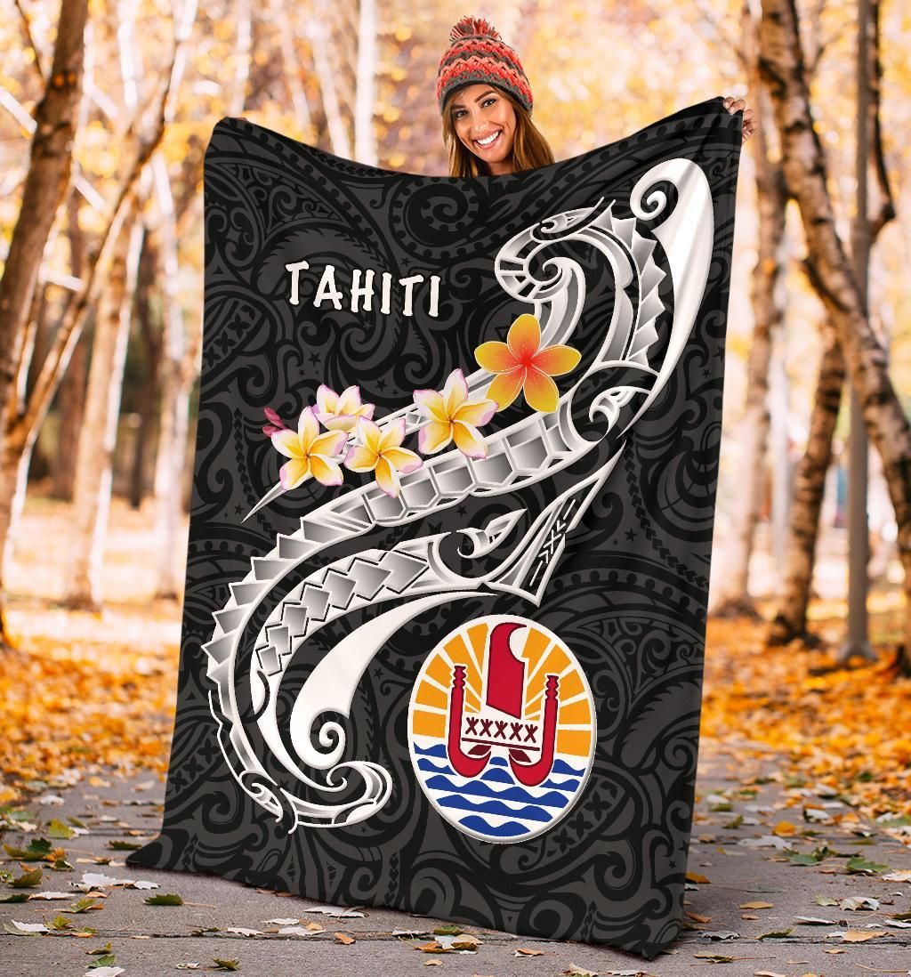 Tahiti Premium Blanket - Tahiti Seal Polynesian Patterns Plumeria (Black)