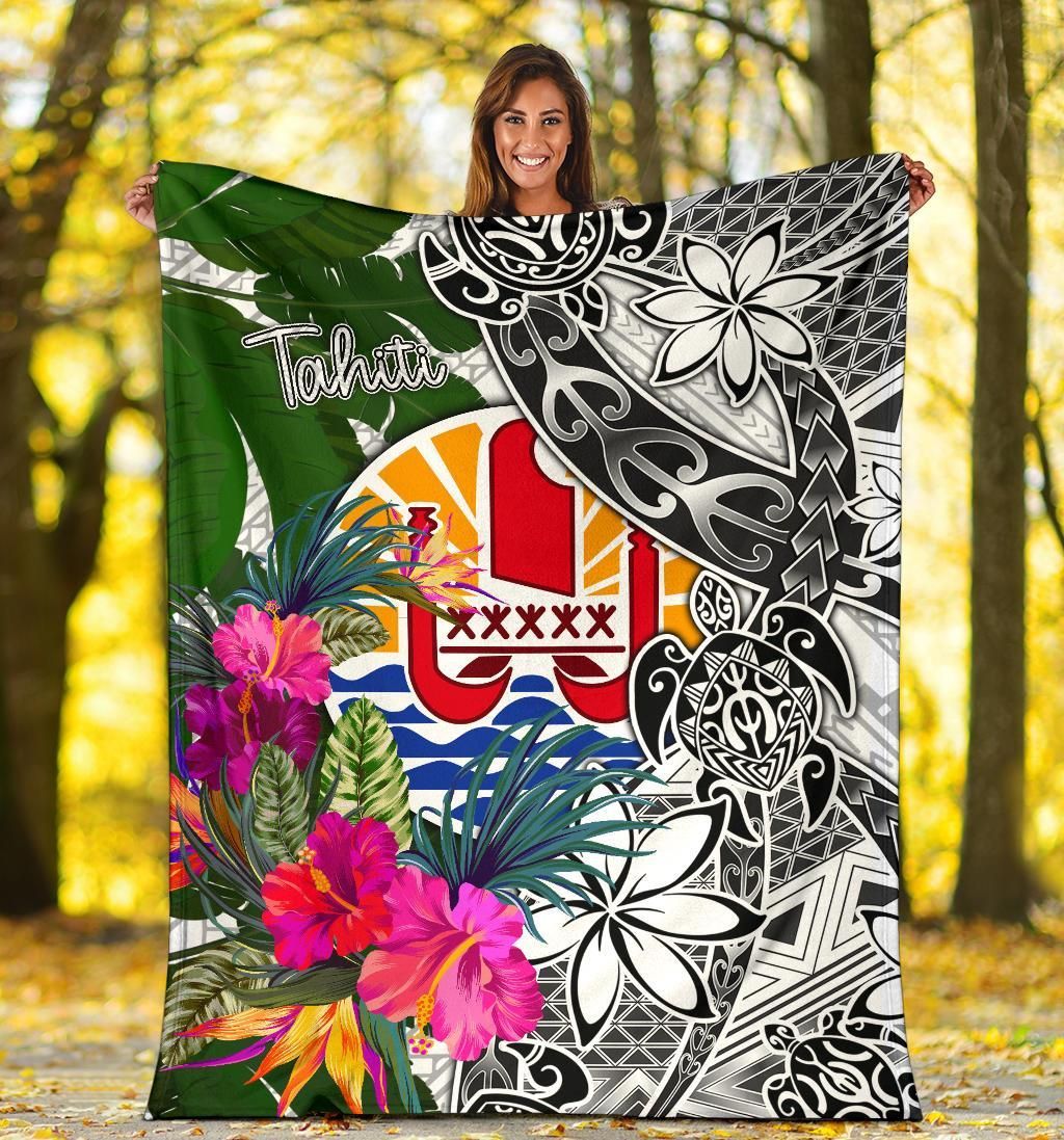Tahiti Premium Blanket White - Turtle Plumeria Banana Leaf
