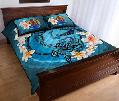 Tahiti Polynesian Quilt Bed Set - Blue Plumeria Animal Tattoo
