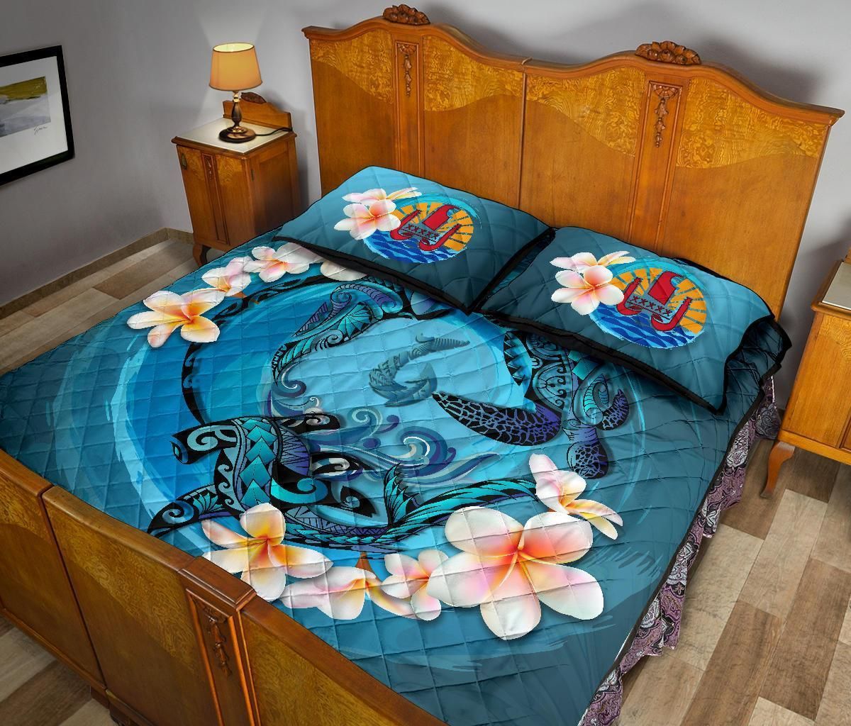 Tahiti Polynesian Quilt Bed Set - Blue Plumeria Animal Tattoo
