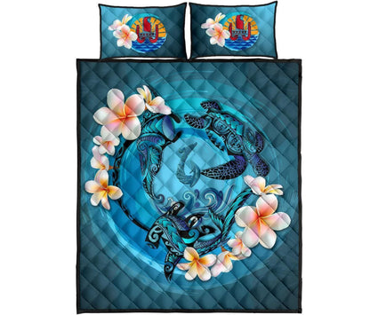 Tahiti Polynesian Quilt Bed Set - Blue Plumeria Animal Tattoo