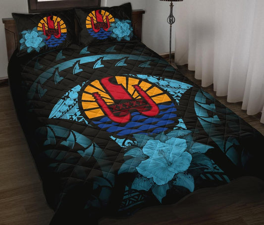 Tahiti Polynesian Quilt Bed Set Hibiscus Blue