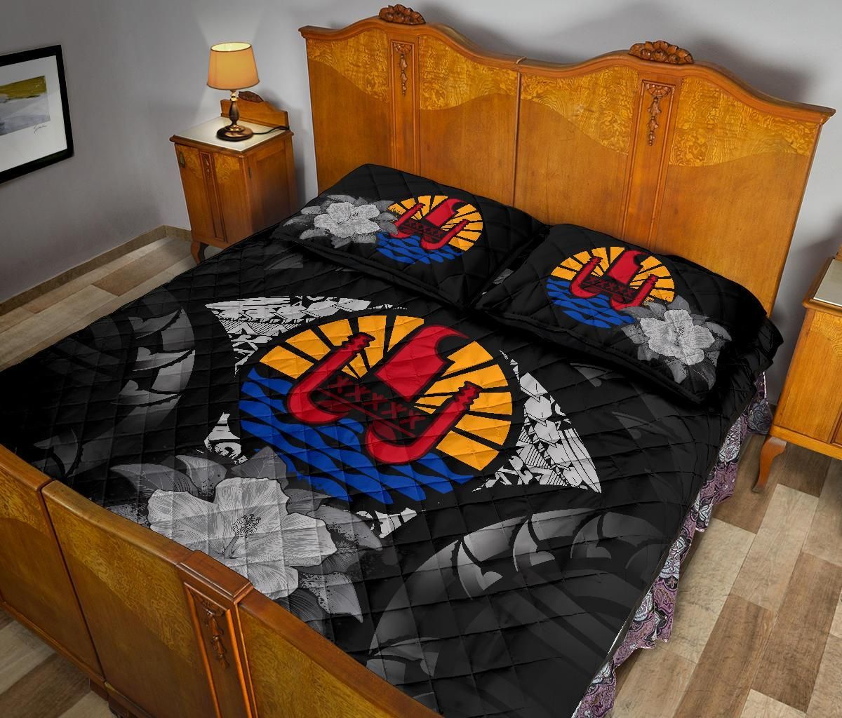 Tahiti Polynesian Quilt Bed Set Hibiscus Gray