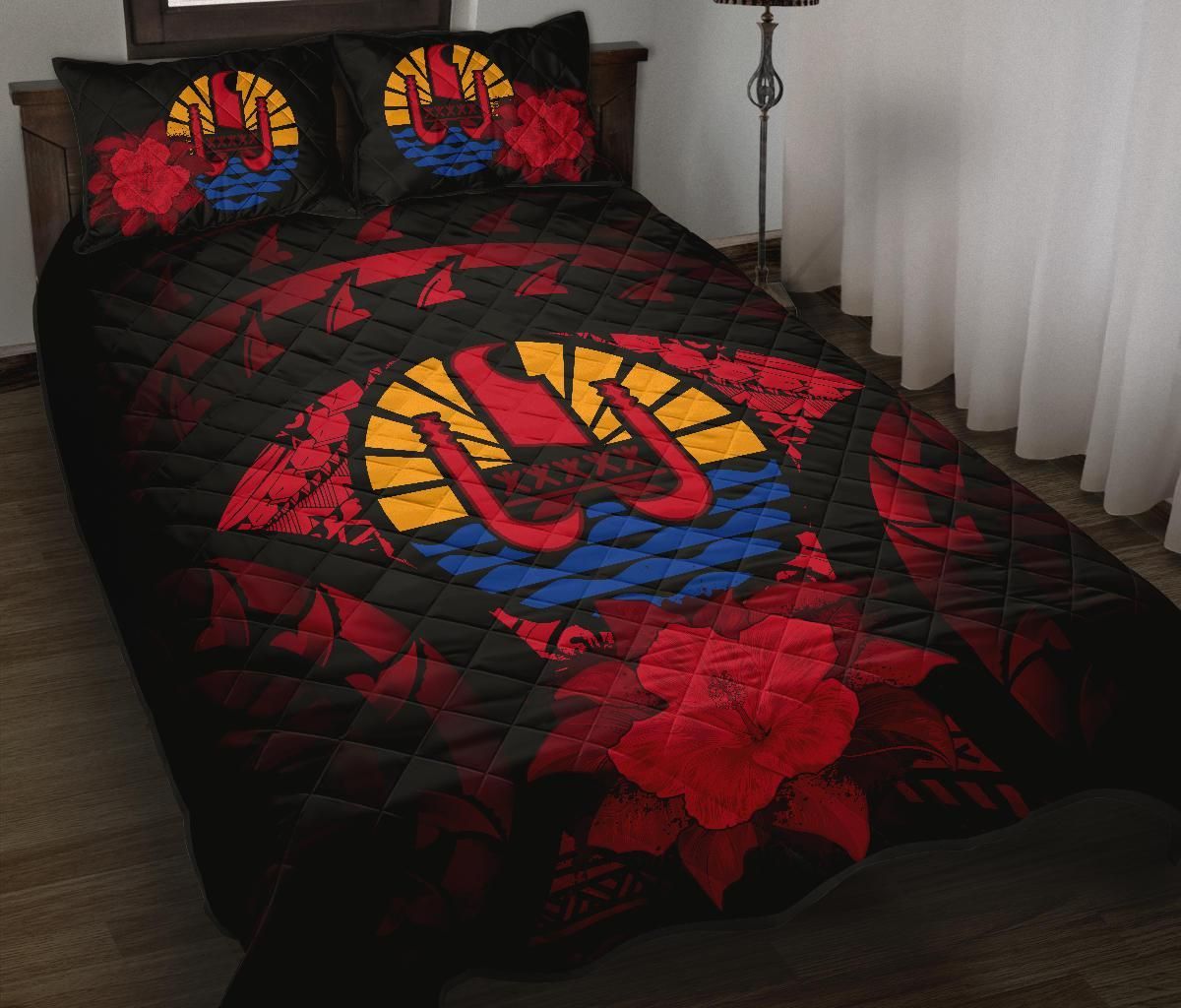 Tahiti Polynesian Quilt Bed Set Hibiscus Red