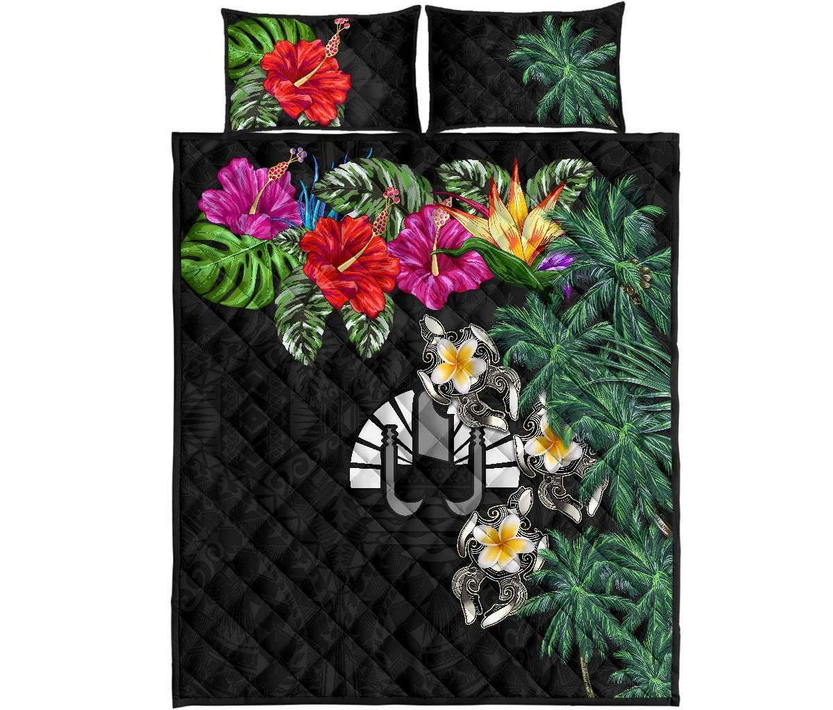 Tahiti Polynesian Quilt Bed Set - Hibiscus Turtle Tattoo Black
