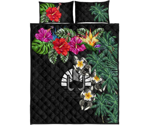 Tahiti Polynesian Quilt Bed Set - Hibiscus Turtle Tattoo Black